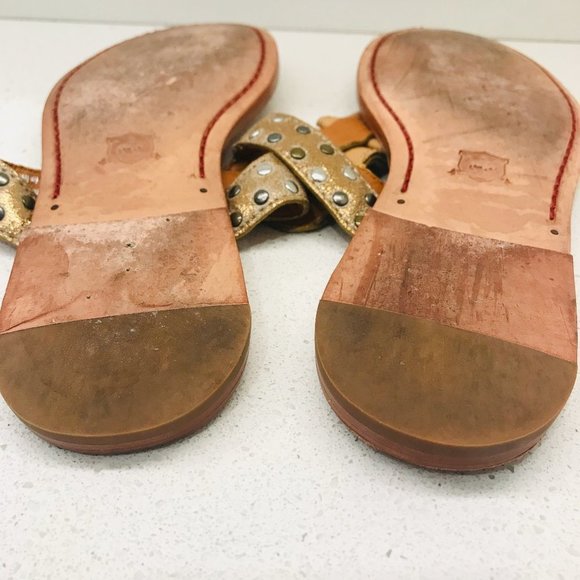 TRASK Tan Leather Sandals Thong Crackle Bronze Studded Cascade Padded Sz 7 - Picture 14 of 16